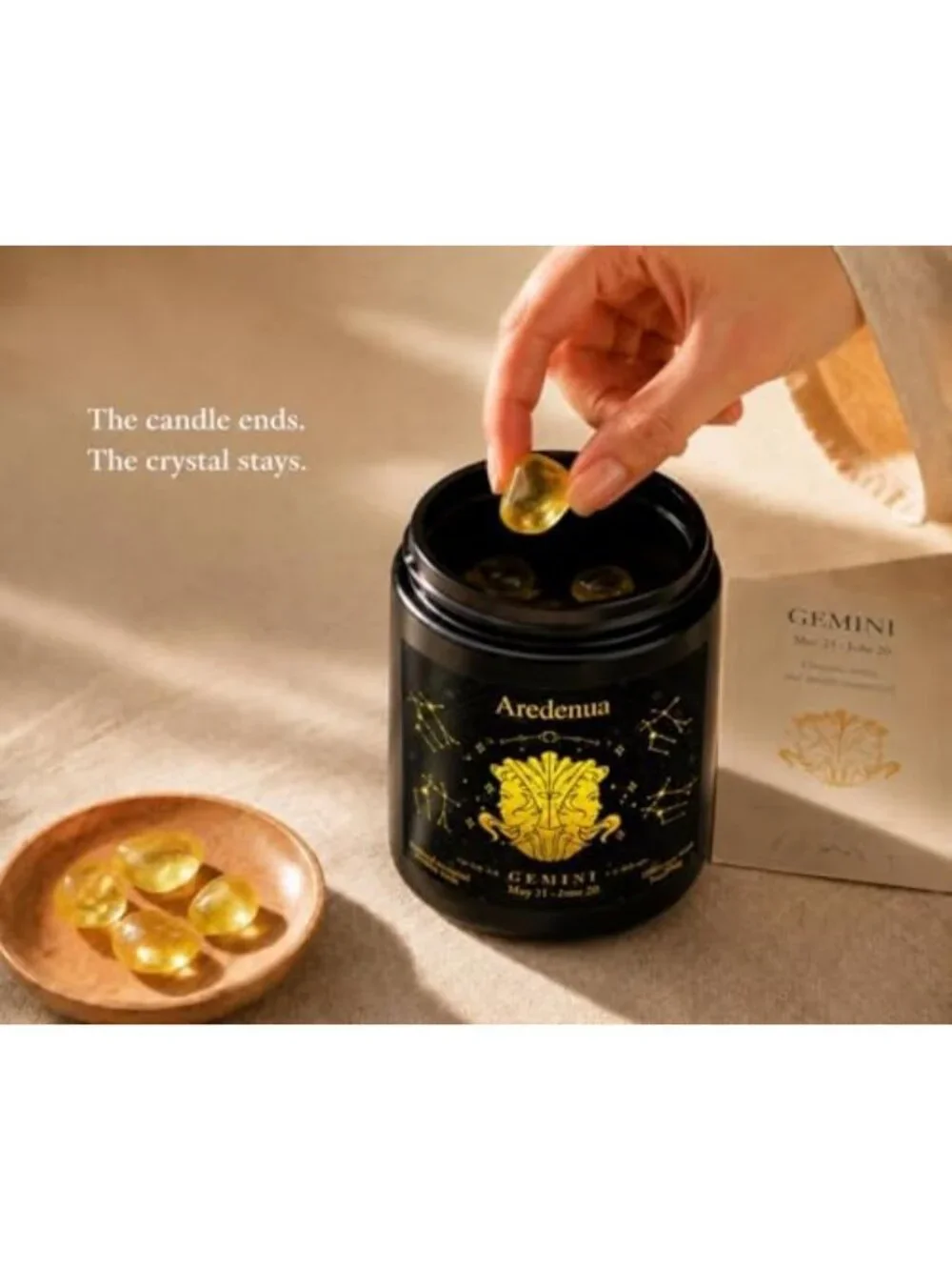 Lemon Scented Gemini Zodiac Candle with Citrine Crystals for Positive Energy